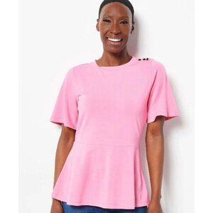 Isaac Mizrahi Live! Peplum Too with Asymmetrical Shoulder Detai Pink Sugar ,3X